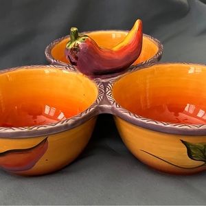 3 sectional Salsa Dish Chili Pepper